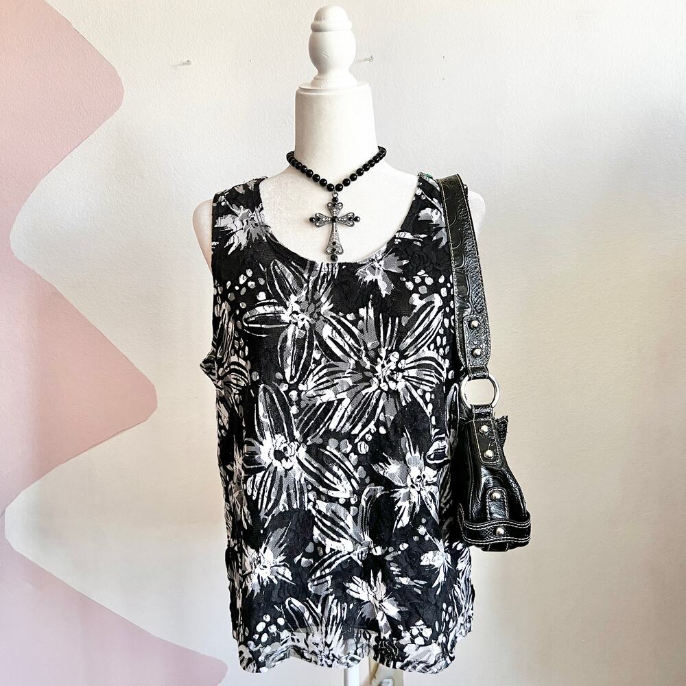 Vintage Black Lace Floral Tank Top‎ Y2K Romantic Goth Cottagecore Indie XL